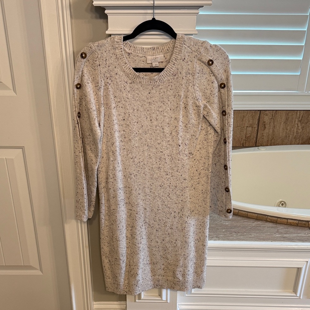LOFT Cream Long Sleeve Dress with Button Accents